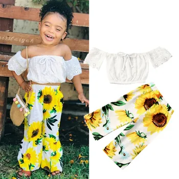 

1-4T Baby Girl Clothes Set Off Shoulder Crop Tops Sunflower Print Long Pants 2pcs Outfits Kids Girls Summer Cotton Set