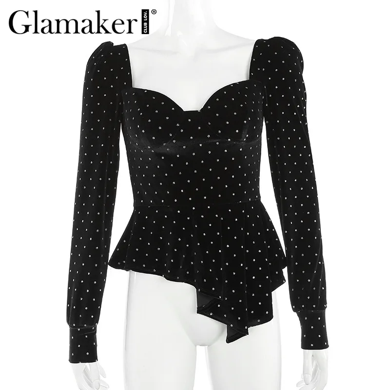 Glamaker, квадратная горловина, длинный рукав, блузка, черная, элегантная, открытая спина, баска, блузка, женская, Осень-зима, в горошек, бархатная, с рюшами, рубашка для женщин