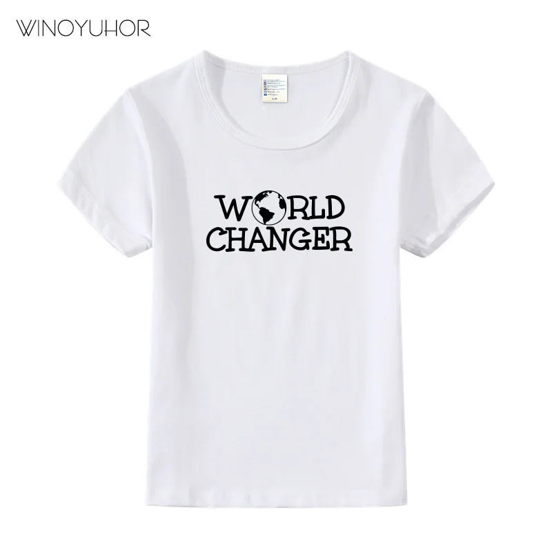Детская футболка с надписью «World Changer» футболка для мальчиков и девочек, детская одежда для малышей футболки с круглым вырезом и смешной короткий рукав
