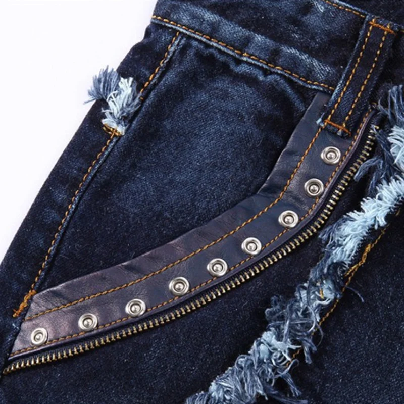 70% OFF Aolamegs Jeans Men Patchwork Tassel Jeans Male ripped Denim Pants Distressed Slim Casual Fashion Cargo Trousers Streetwear men