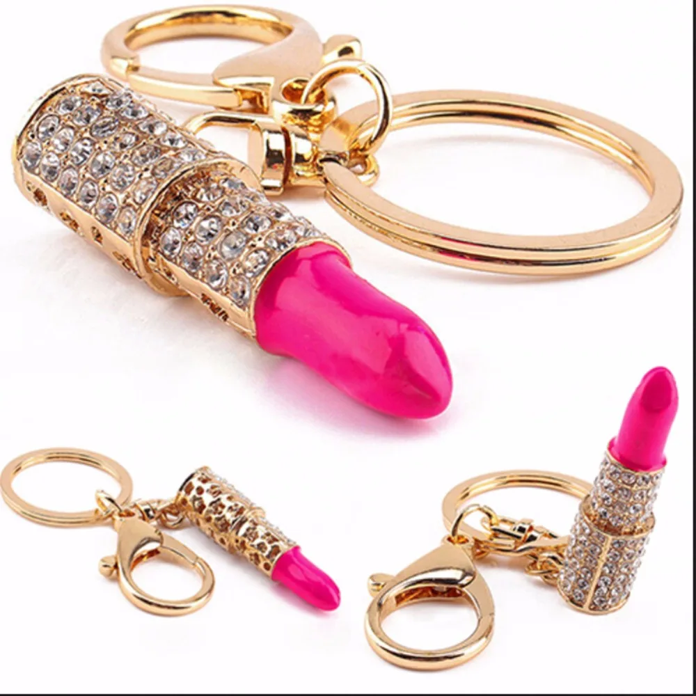 Charm Crystal Keychain Lipstick Rhinestone Keyring Keyfob Red Rose Pendant Key Chain Rings Women Jewelry Key Holder