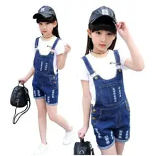 Джинсовые комбинезоны для девочек от 4 до 15 лет Новая модная весенне-летняя детская одежда Повседневные детские брюки на подтяжках однотонные короткие джинсы для девочек