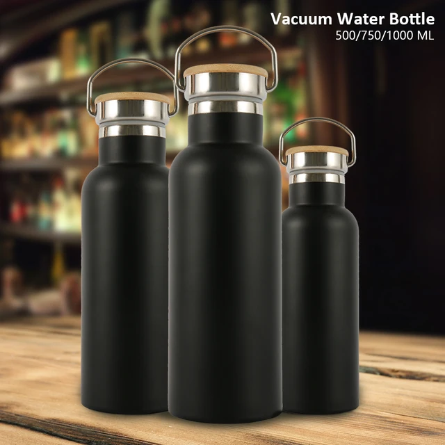 US $10.00 500/750/1000ML Portable Stainless Steel Water Bottle Bamboo Lid Sports Flasks Leak-proof Travel Cyc