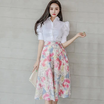 

2020 Summer New Fashion Office OL Work 2 Pieces Set Single-breasted Blouses and Floral Print A-line Skirt Casual Female Set