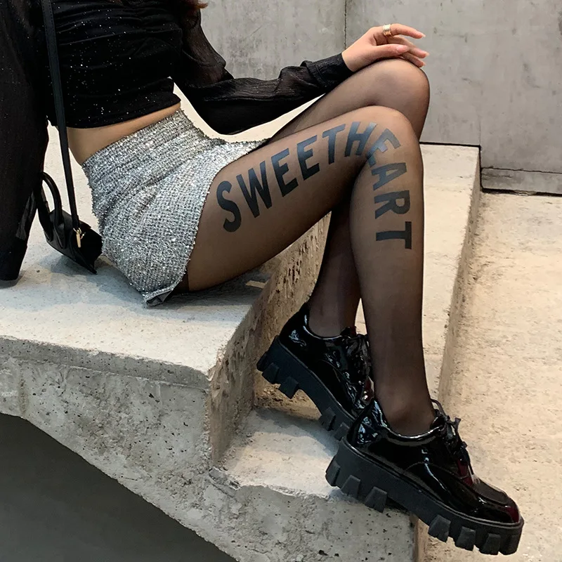 Women Black Letters Tights Ultra-thin Sexy Party Club Fashion English letter Printing Classic Plus Size | Женская одежда