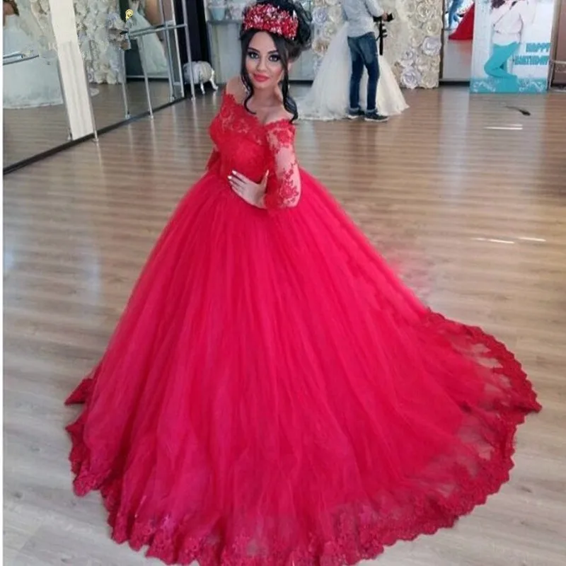 Красное Бальное Платье Vestido de noiva винтажные Кружевные Аппликации Свадебные платья Романтический длинный рукав арабские Мать невесты платья