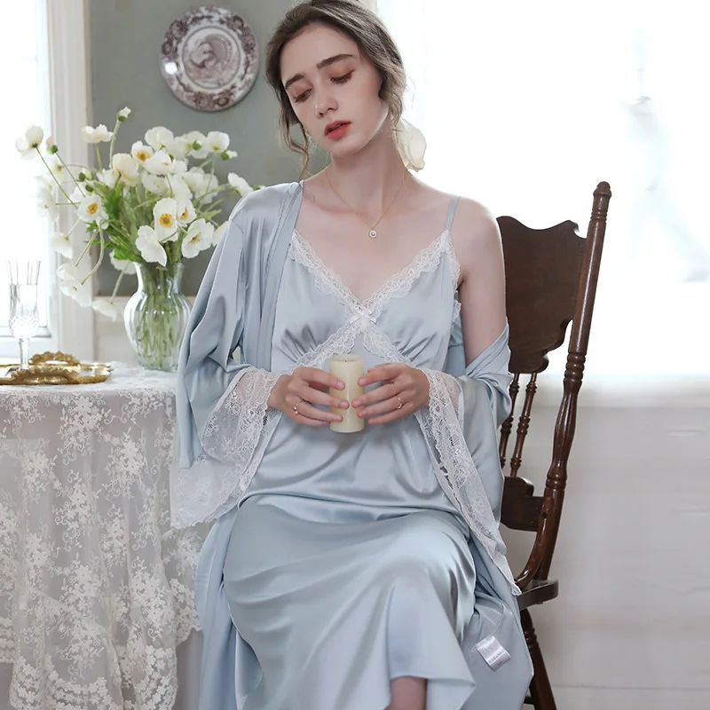 

Spring New Satin Women Robe Set Sexy Lace Suspenders Nightie Women's Nightwear Nightgown Romantic French Long Bathrobe Home Suit