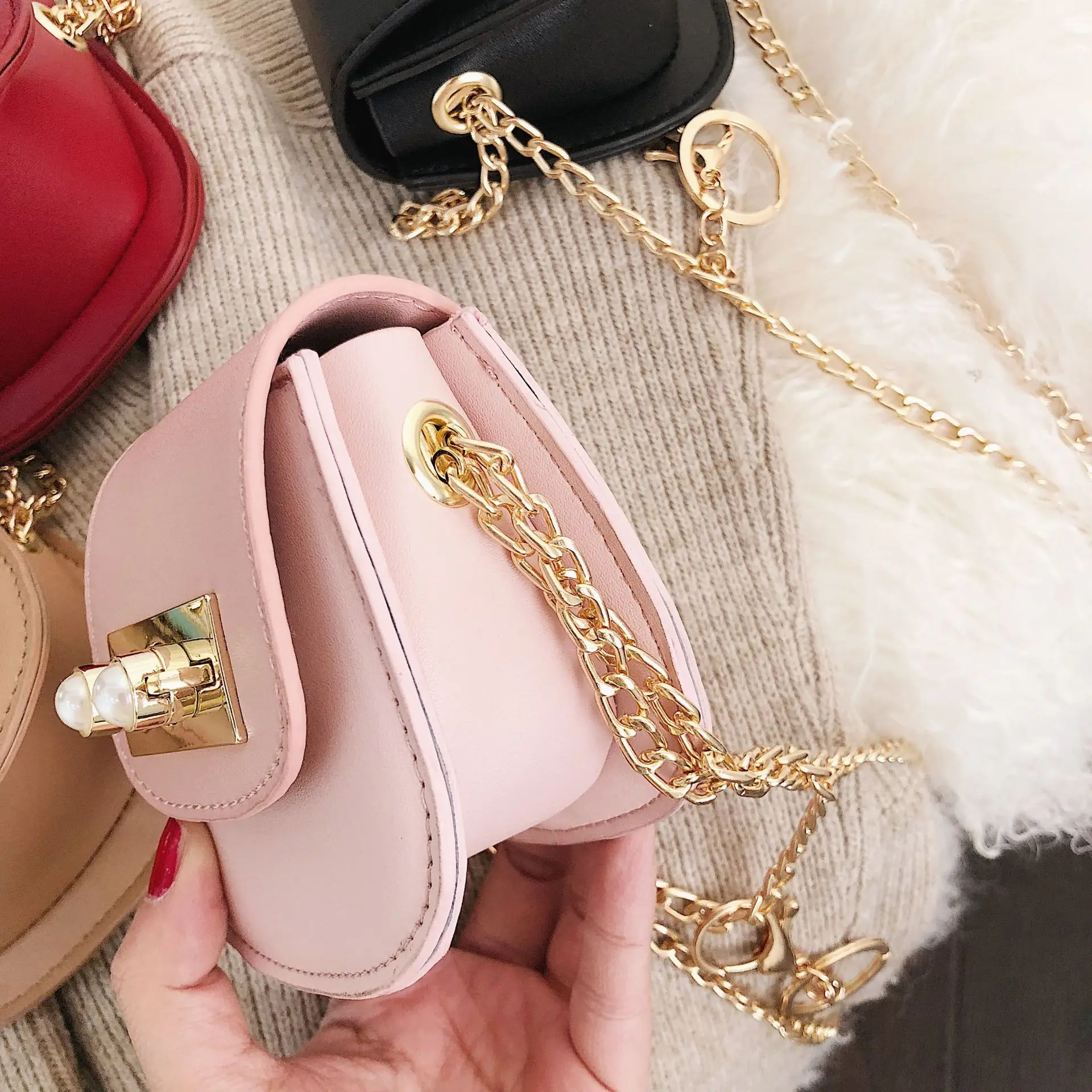 

2019 New Style Shell-Type Pearl Lock Mini Square Sling Bag Debutante Style Shoulder Oblique WOMEN'S Bag