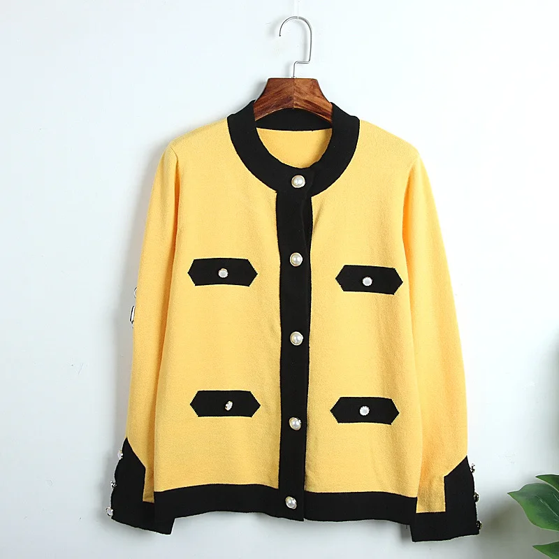 

Women Cardigans 2019 Autumn Runway Sweater Loose Yellow Cardigan Knitted O-neck Patchwork Pearl Button Casual Coat Outwear