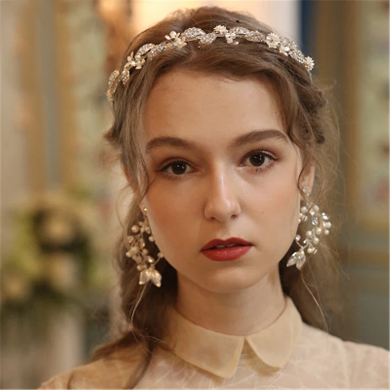 Crystal Leaf Bridal Hairband Ornaments Women Wedding Accessories Jewelry Sets Handmade Pearls Headhoop Bride Hairdress Headband