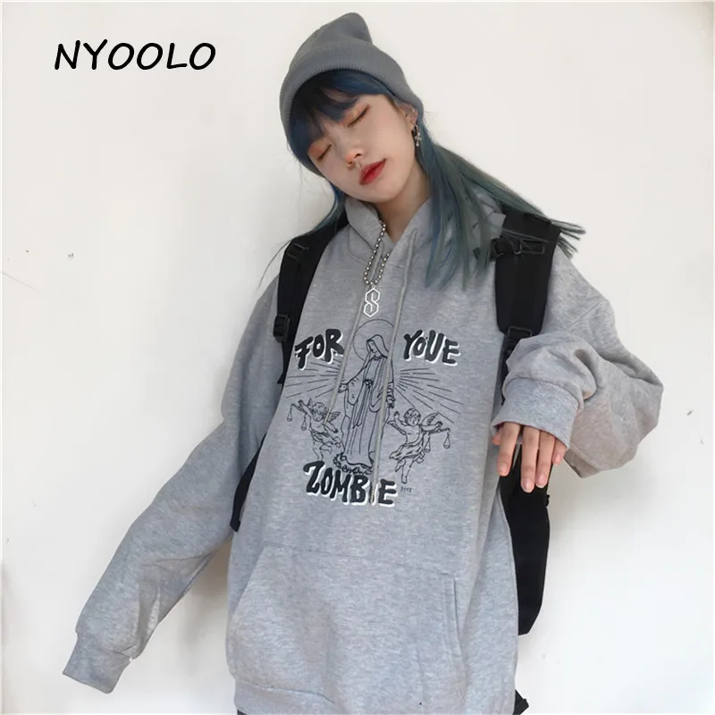 NYOOLO Vintage streetwear angel graffiti letters print warm hoodies Autumn winter hooded pullovers fleece sweatshirt women men