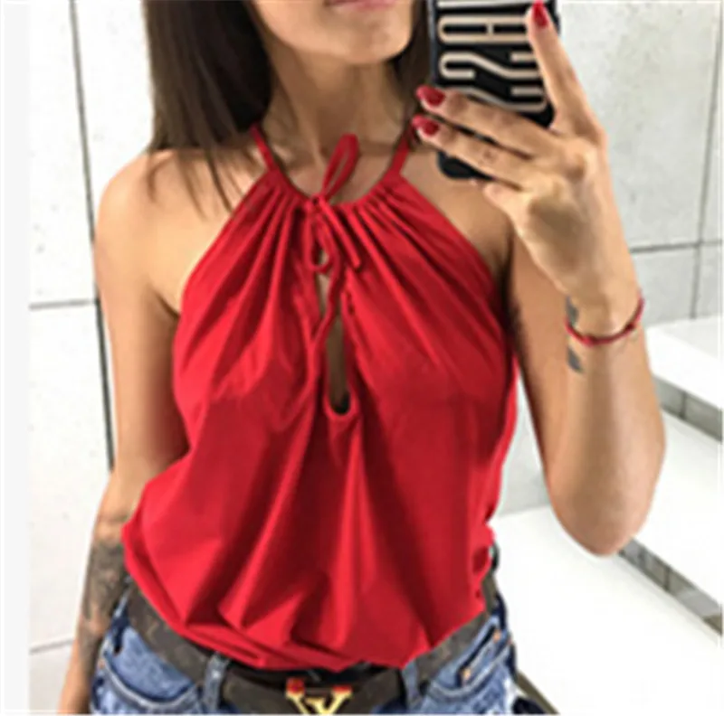 Halterneck топ Slim Fit сексуальные жилеты для вечеринки Холтер женские осенние повседневные элегантные эластичные современные женские майки - Цвет: Красный