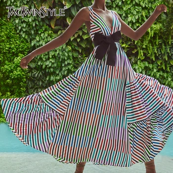 

TWOTWINSTYLE Patchwork Striped Irregular Dress Female V Neck Spaghetti Strap High Waist Lace Up Bow Women's Dresses 2020 Fashion