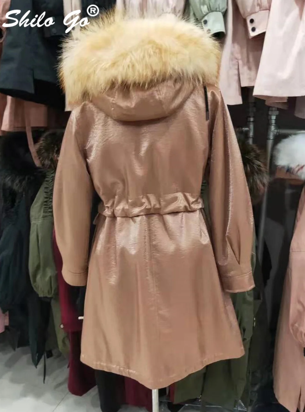 Fur Coat Highstreet Real Raccoon Fur Collar Hooded Drawstring Waist Rabbit Fur Lining Long Coat Women Winter Casual Plus Outwear