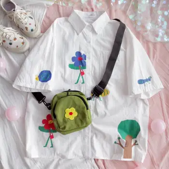 

Women Short sleeve Casual Blouse Girls Summer Loose Student Japanese Harajuku Small flower Sweet Cardigan Shirt Tops Mori Girl