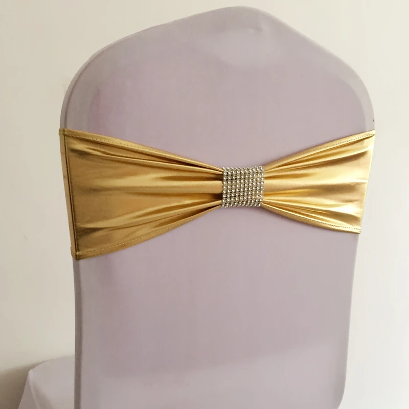 WedFavor 100pcs Lycra Wedding Chair Bow Ties Metallic Gold Silver Spandex Sash Band With Removable Mesh Diamond Buckle | Дом и сад