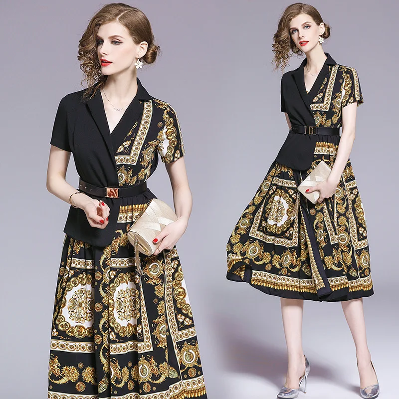 

Vintage Printed Ethnic-Style Dress Women's Elegant Debutante Goddess-Style Long Waist Hugging Slimming Floral-Print Suit Dress S