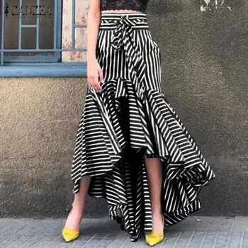 

ZANZEA Stylish Women High Waist Striped Skirts Spring Asymmetrical Hem Skirts Casual High Low Ruffles Skirt Faldas Mujer Jupe