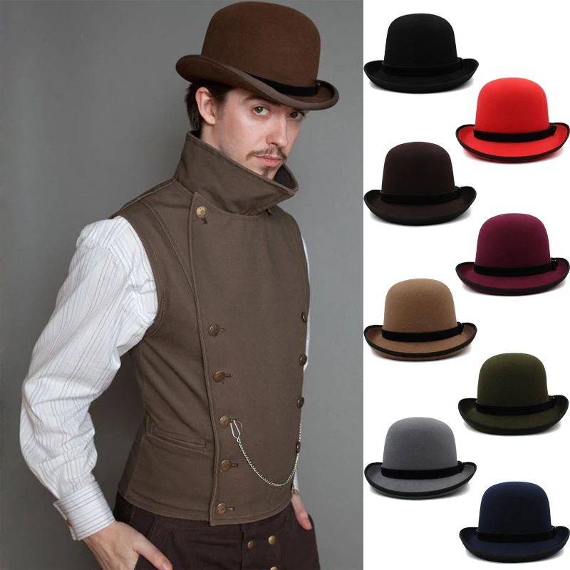 

Men Women Oval Top Classical Wool Bowler Hat Roll Rim Derby Cap Sunhat Party Street Style Adjustable Size US 7 1/8-7 3/8 UK M-L