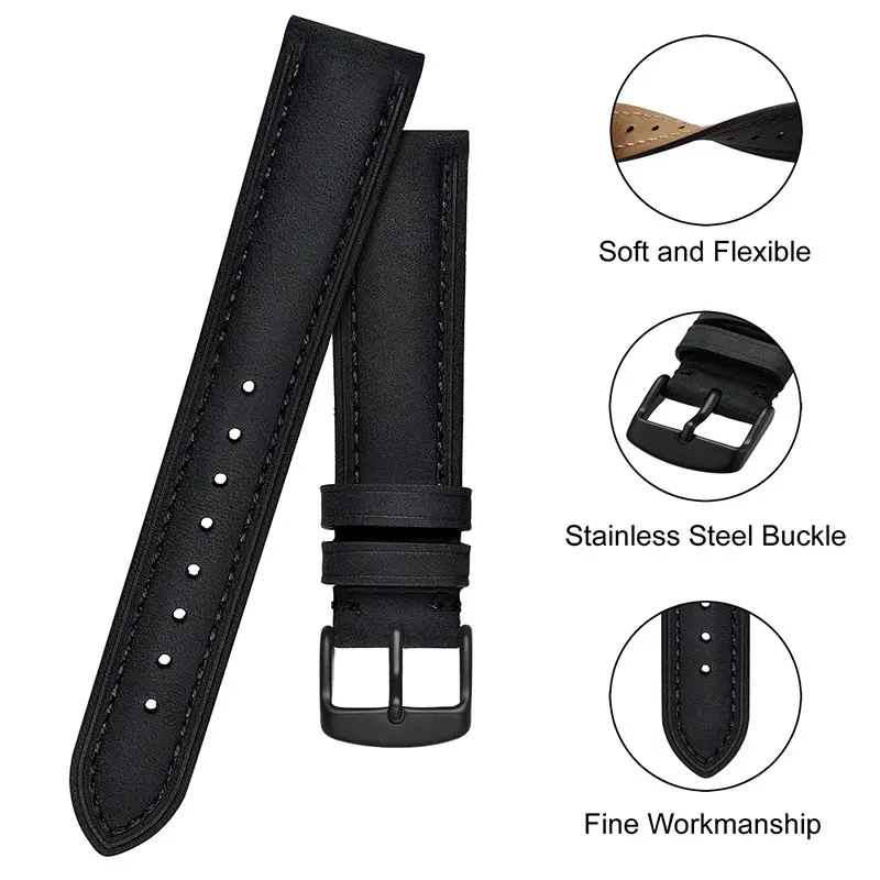 BISONSTRAP Watch Strap 14mm~24mm Retro Crazy Horse Leather Watchband with Black Buckle Replacement Band for Men and Women