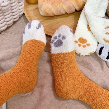 

1pair Cat Paw Thickening Winter Comfy Accessories Fashion Fuzzy Cute Keep Warm Gifts Sleep Socks Floor Tube For Women