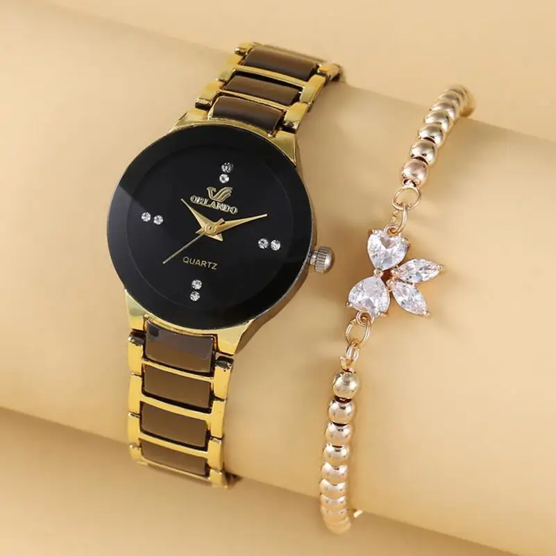 Reloj de pulsera de acero inoxidable para mujer, conjunto de reloj de pulsera de cuarzo y acero inoxidable, color dorado y negro, venta al por mayor