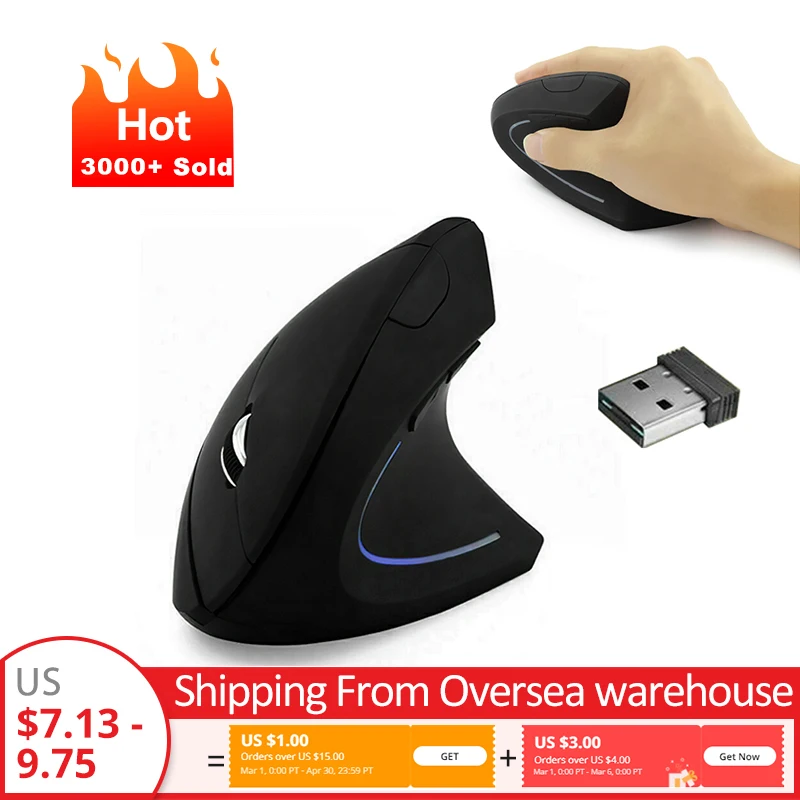Ratón Vertical inalámbrico para juegos, Mouse USB ergonómico de escritorio, Vertical, 1600DPI, para PC, portátil, oficina y hogar