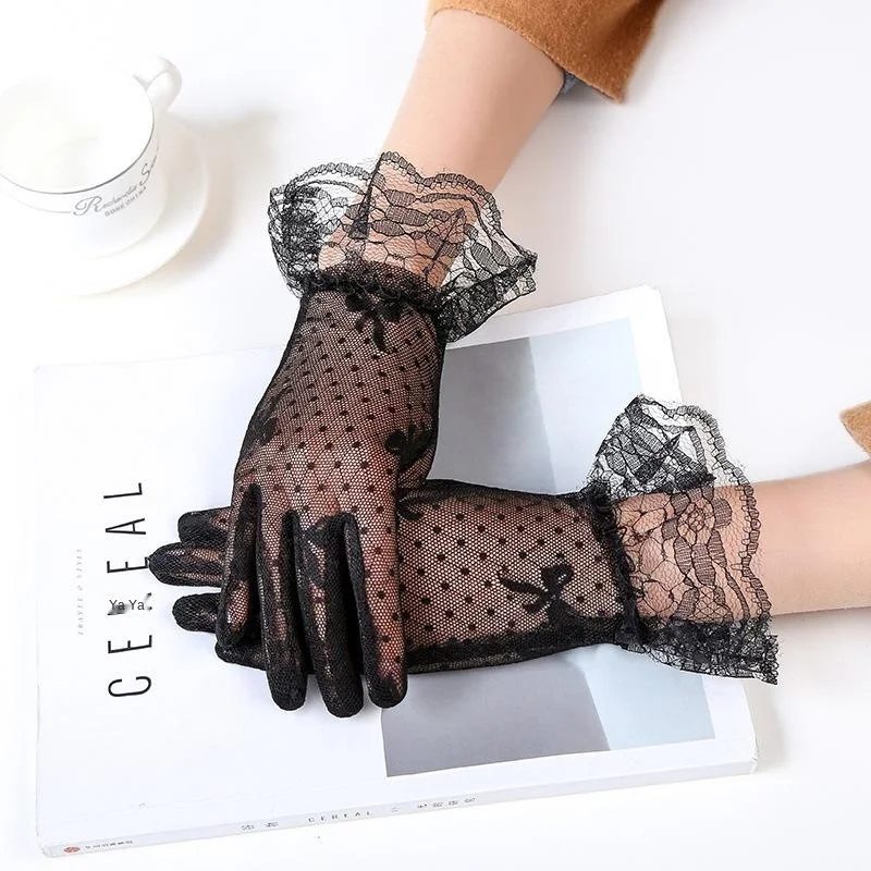 Lace Gloves Spring and Summer New Ladies Sunscreen Gloves Bow Black Mesh Lace Etiquette Pointing Ladies Gloves A450 cobweb gloves sexy black lace gloves elasticity lace mesh gloves party dressing props halloween decoration glove decorative new