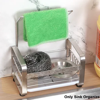 

Drip Tray Stainless Steel Sink Organizer Brush Holder With Dishcloth Hanger Drain Rack Anti Slip Home Rustproof Kitchen Supplies
