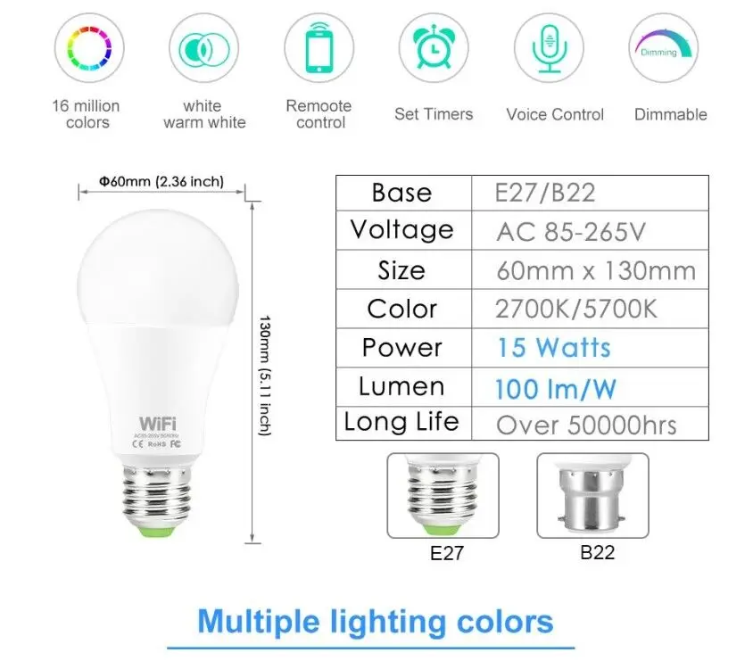 WiFi Smart LED RGB Light Bulb 15W Dimmable Alexa Smart Home Control Smartphone