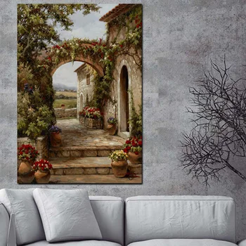 

Abstract Pastoral House Flowers Door Landscape Oil Painting HD Print on Canvas Garden Poster Wall Art Picture for Livinng Room