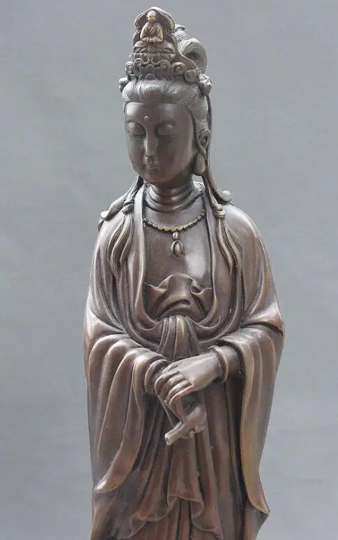 S07091 1" Китайский, буддистский, бронзовый Kwan-yin GuanYin богиня Бодхисаттва статуя Будды