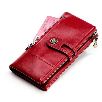 

Women Wallet Genuine Leather Female Purse RFID Anti-thief Women Wallets Ladies Clutch Card Holder Long Double Zipper Phone Bag