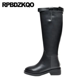 

tall black equestrian high heel shoes round toe thick quality long knee riding brand women winter boots genuine leather chunky