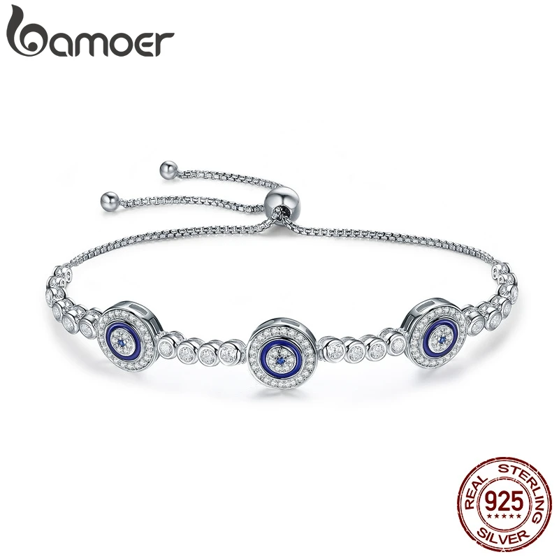 Cena BAMOER New Arrival oryginalna 925 Sterling Silver luksusowe okrągły niebieski oczy czysta cyrkonia kryształ bransoletka tenisowa biżuteria SCB002