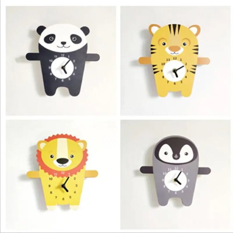 Cartoon Animals Wall Clock Nordic Wooden Mute Clocks For Baby Kids Room
