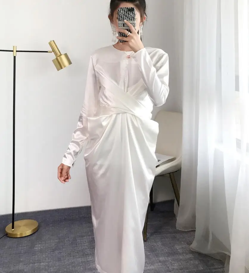 Vintage Solid Women's O Neck Long Sleeve Dress High Waist Tunic Ruched Midi Autumn Dresses