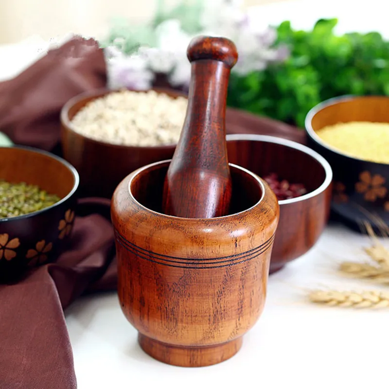 Wooden Pestle Household Garlic Kitchen Gadget Mashing Spice Masher Bowl Mortar Mixing Medicine Jar Grinding Manual