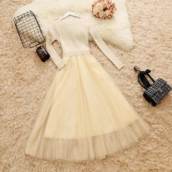 

Women Knit Mesh Patchwork Dress Long Sleeve Ball Gown Elegant Woman Casual Knitted A-line Dresses Dropshipping
