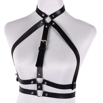 

Women's Studded Leather Body Chest Harness Waist Belts Punk Choker Crop Tops Costume Body Waist Harness Belt Sexy Open Bra