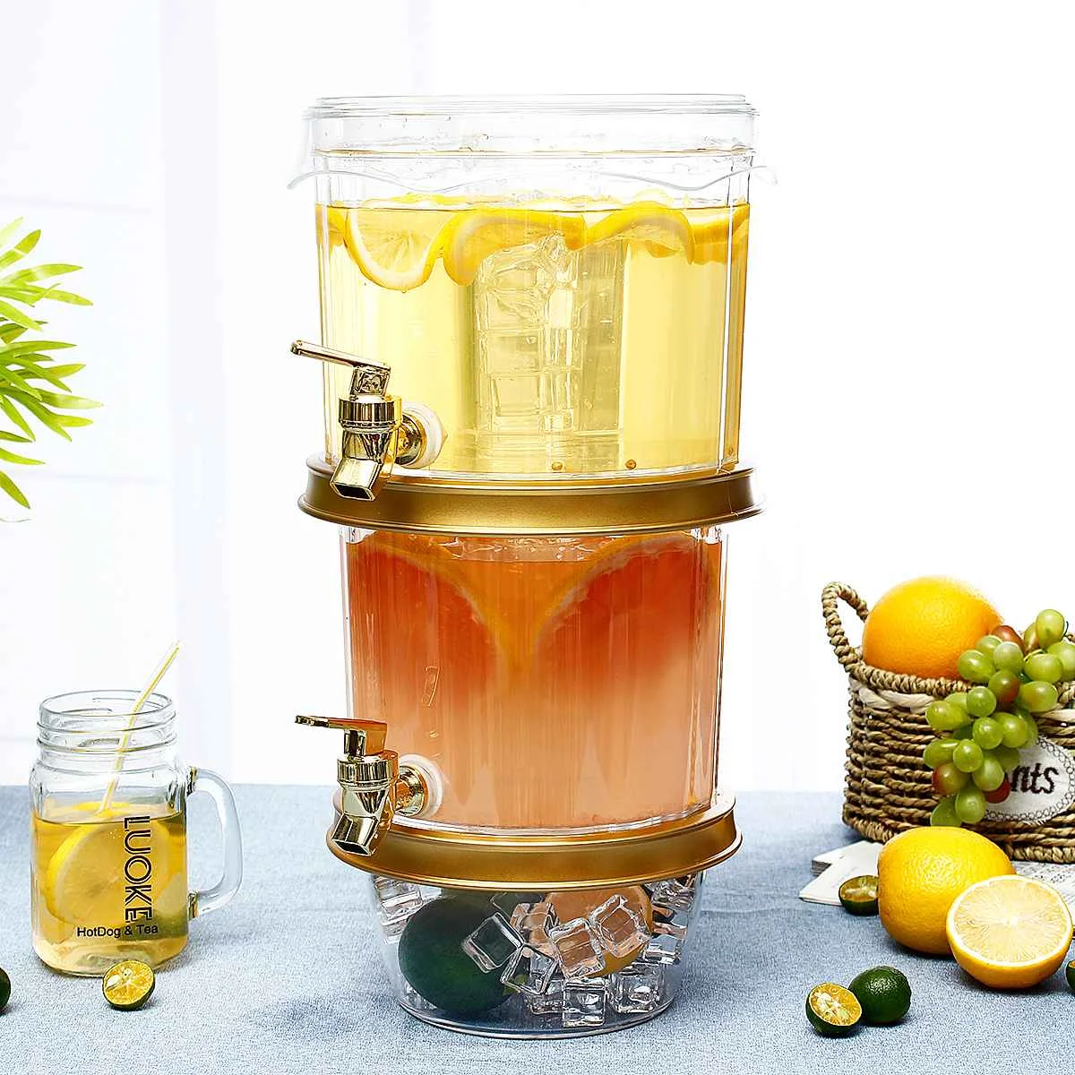 

2 Tiers Cold Drink Juice Dispenser Wine Beer Pourer Ice Beverage Holder Machine Commercial Kitchen Bar Tools Large Capacity