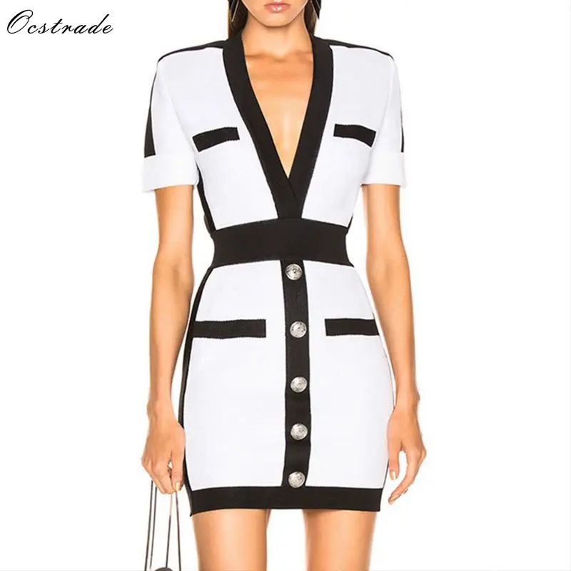

Dresses Woman Party Night 2019 New Arrival Black and White Bandage Dress Sexy Summer Deep v Neck Bodycon Mini Dress