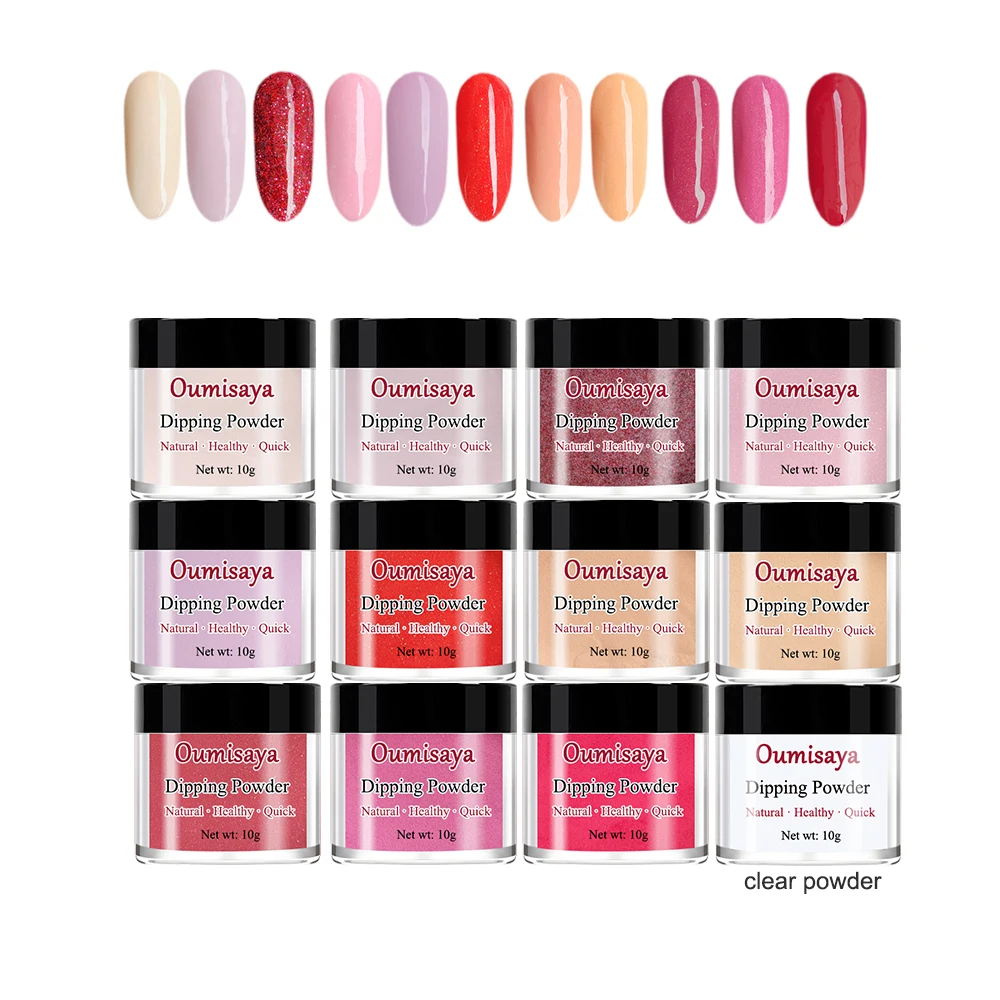 

OUMISAYA Dip Powder Nail Color Kit XS1201 (comes with clear dipping powder and 11 colors) including Glitter Red and Natural Pink