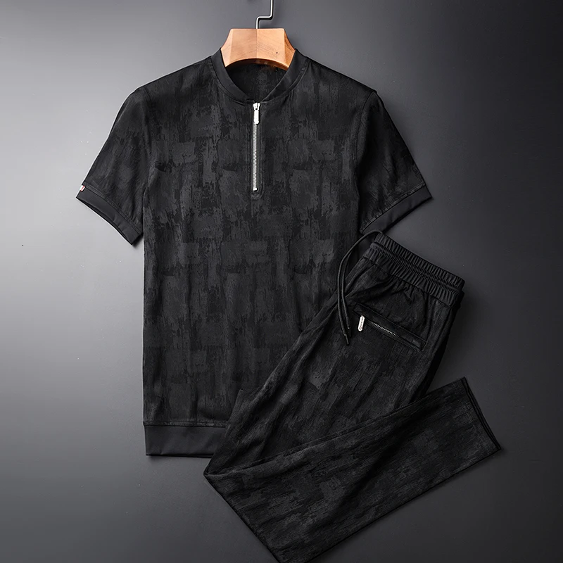 Летние мужские комплекты(T-SHIRTS+ брюки) размера плюс 4xl мужские комплекты с воротником-стойкой и коротким рукавом модные облегающие мужские комплекты со штанами