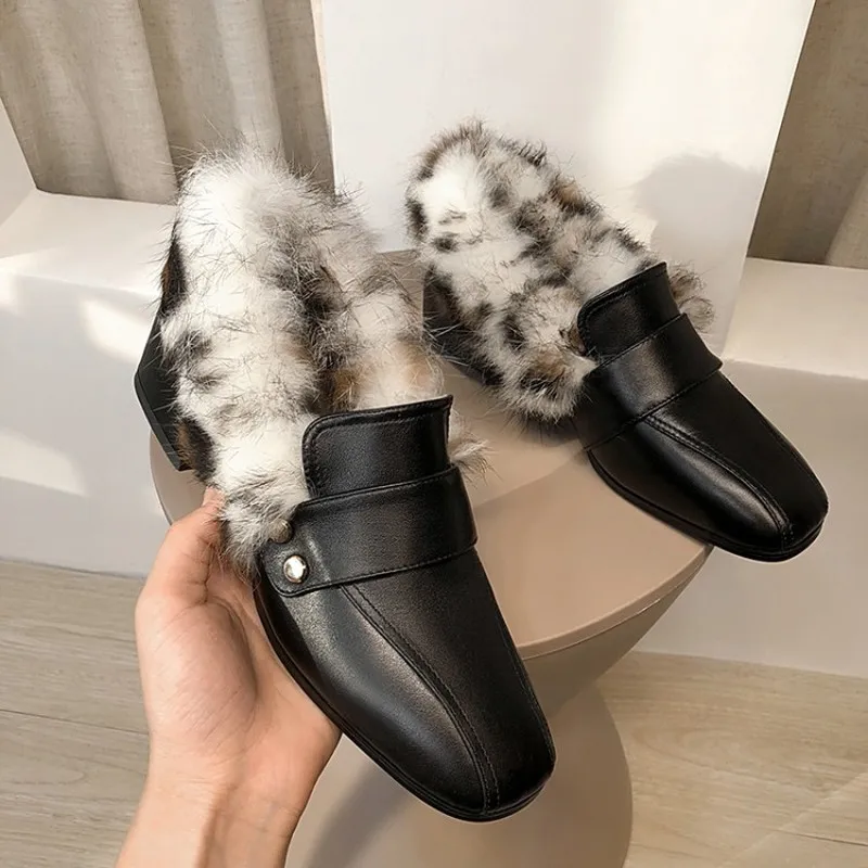 

Womens Real Leather Real Rabbit Fur Loafer Square Toe Slip On Block Heel Mules Belt Warm Winter Boots Shoes Black White New