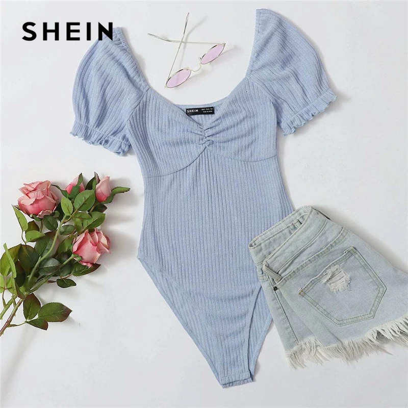 SHEIN Frilled Puff Sleeve Ruched Bust Rib-knit Bodysuit Women Autumn Short Sleeve High Waist Solid Casual Skinny Bodysuits SHEIN Frilled Puff Sleeve Ruched Bust Rib-knit Bodysuit Women Autumn Short Sleeve High Waist Solid Casual Skinny Bodysuits