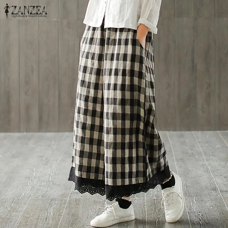Leg-Pants Long-Trousers Lace Vintage Check Plus-Size Womens Elastic-Waist ZANZEA Wide