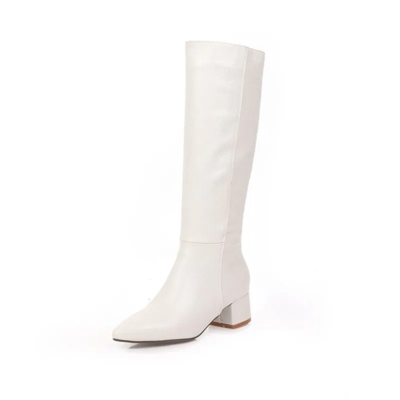 PXELENA/5 ярких цветов, женские рыцарские сапоги до колена для верховой езды, жёлтый, синий цвет, на среднем квадратном каблуке, без шнуровки, ковбойская зимняя обувь в западном стиле, 34-45 - Цвет: Белый