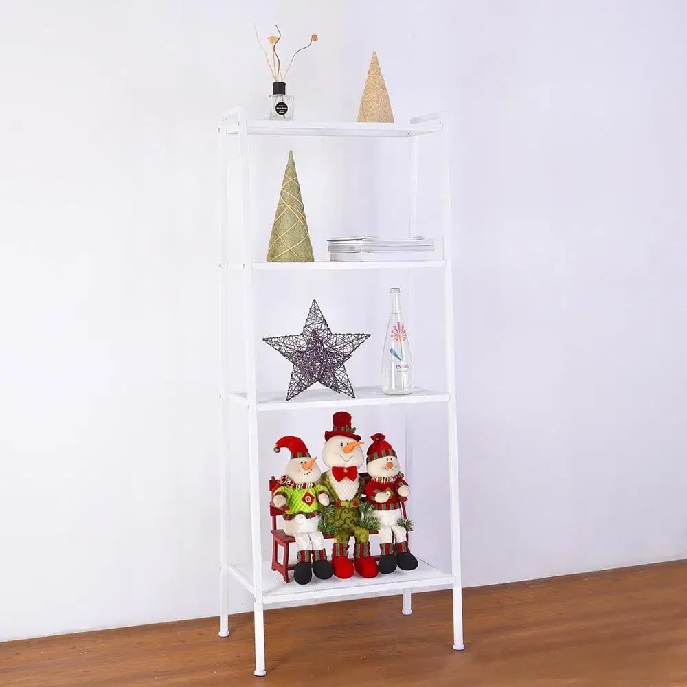 4-Tier White Bookshelf Leaning Ladder Wall Shelf Metal Bookcase Storage Furnitur