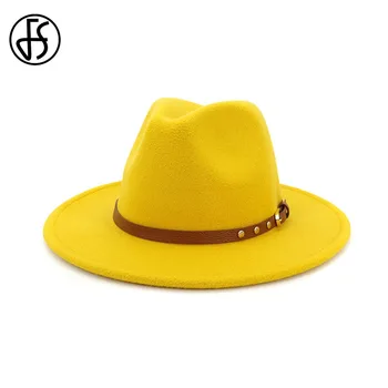 

FS Men Women Yellow Wide Brim Wool Felt Fedora Panama Hat with Belt Buckle Jazz Trilby Cap Party Formal Top Hats Black Purple